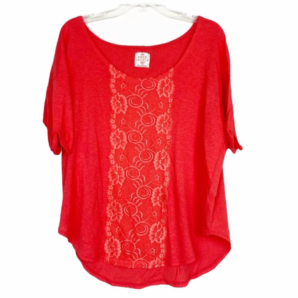 Free People Orange Oversized Lace Detail Short Sleeve Shirt Sz S